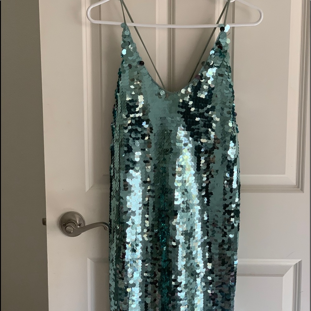 Aqua sequins dress maxi with slit up leg